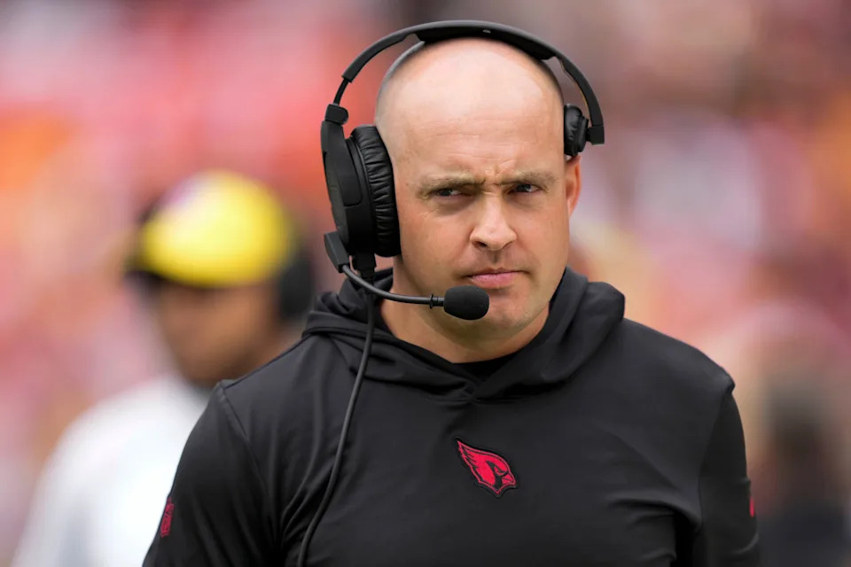 Sep 10, 2023; Landover, Maryland, USA; Arizona Cardinals offensive coordinator Drew Petzing walks on the sideline before the game against the Washington Commanders at FedExField. Mandatory Credit: Brent Skeen-USA TODAY Sports