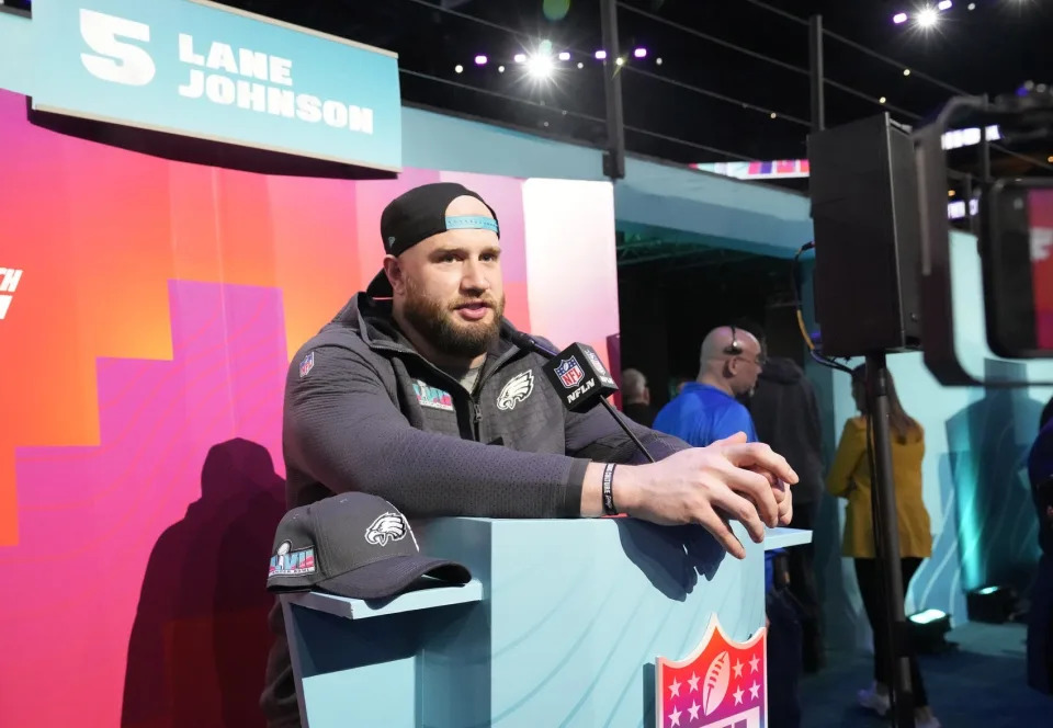 Feb 6, 2023; Phoenix, Ariz., U.S.; Philadelphia Eagles offensive tackle Lane Johnson answers questions during Super Bowl Opening Night at Footprint Center. Mandatory Credit: Michael Chow-Arizona Republic