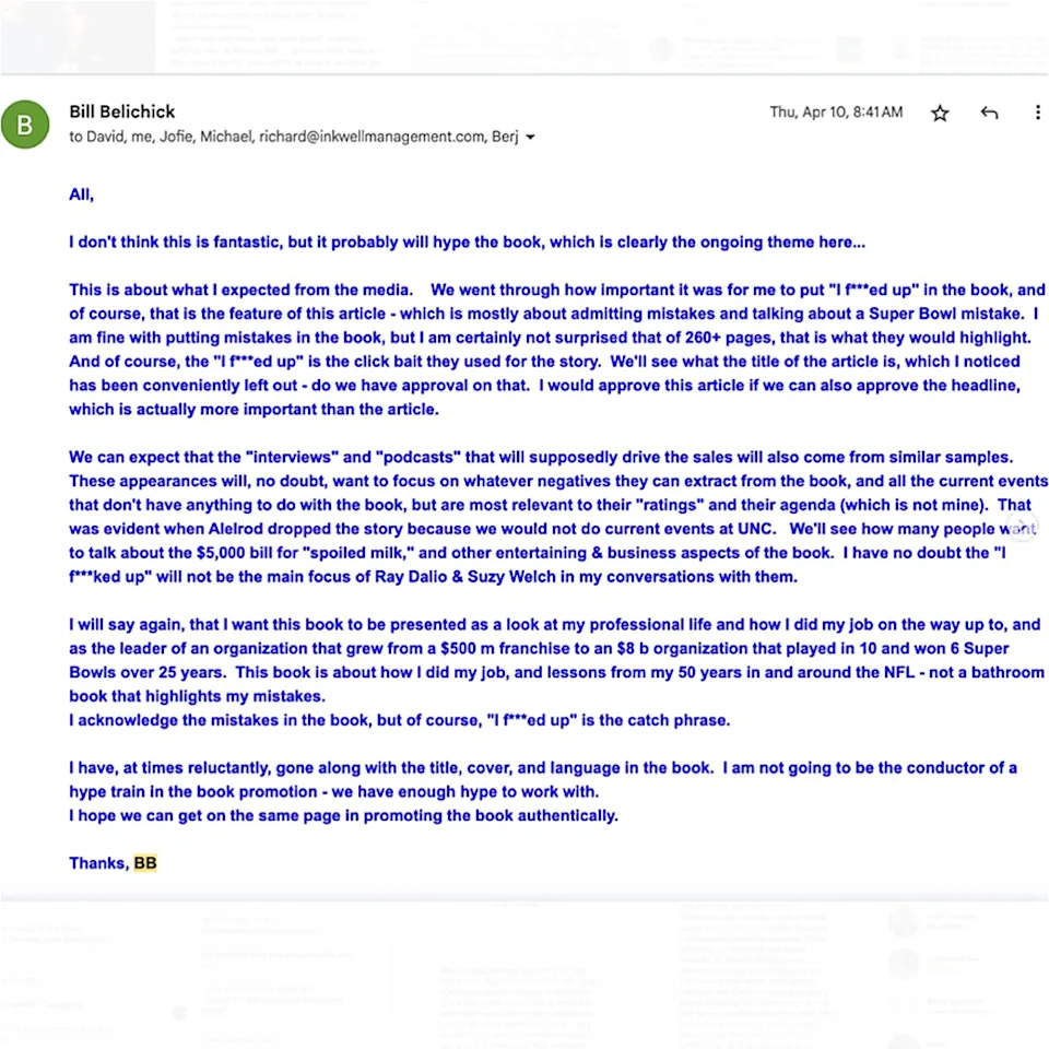 Jordon Hudson posted an email allegedly from Bill Belichick to her Instagram feed on Tuesday. 