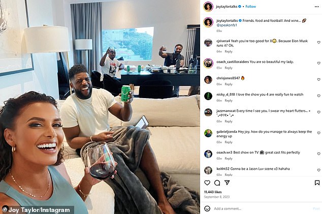 Joy Taylor (left) is seen sitting alongside Emmanuel Acho prior to an FS1 broadcast