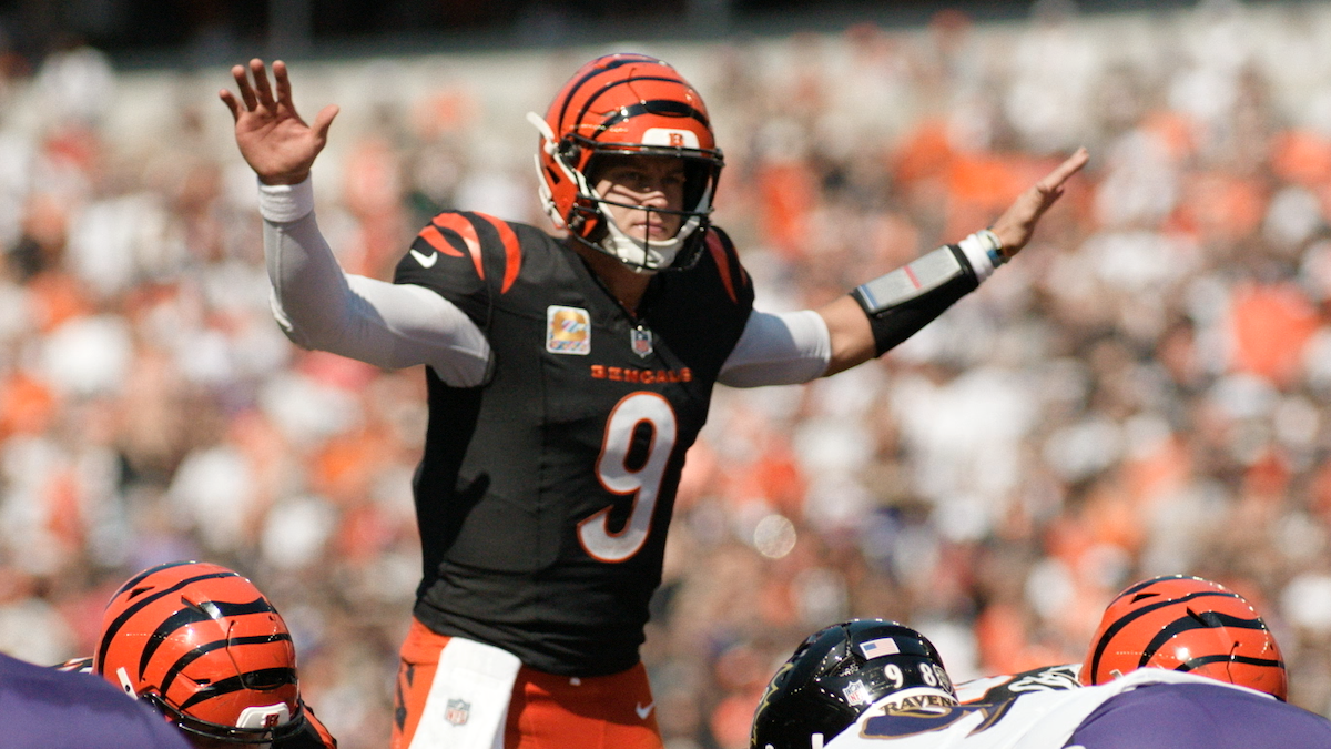 Joe Burrow prior to a snap against the Baltimore Ravens.