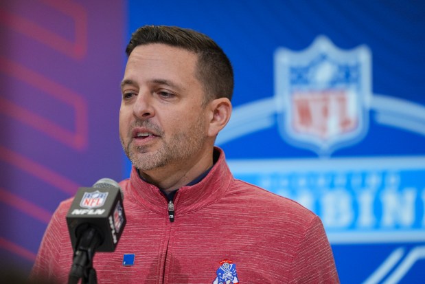 New England Patriots vice president of player personnel Eliot Wolf speaks during a press conference at the NFL football scouting combine in Indianapolis, Wednesday, Feb. 26, 2025. (AP Photo/Michael Conroy)