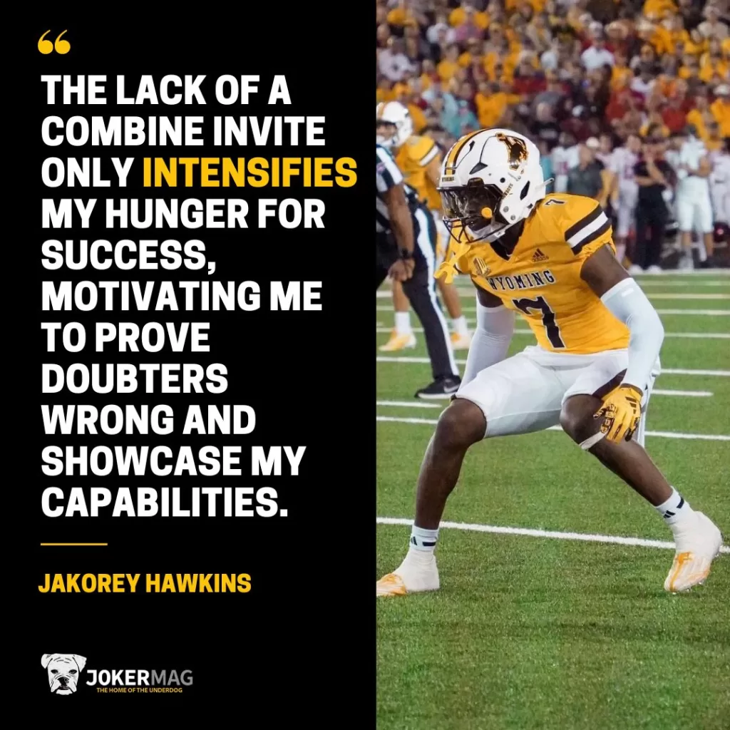 A quote from 2024 NFL Draft prospect JaKorey Hawkins that says: "The lack of a Combine invite only intensifies my hunger for success. Motivating me to prove doubters wrong and showcase my capabilities."