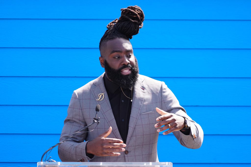 Apr 25, 2024; Detroit, MI, USA; Demario Davis speaks during NFL INSPIRE CHANGE/S.H.I.E.L.D. 1 event at the Green Boots Veteran Community Horticulture Gardens. Mandatory Credit: Kirby Lee-USA TODAY Sports