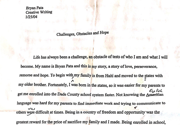 A printed essay titled, “Challenges, Obstacles and Hope,” Creative Writing in the corner dated Jan. 25, 2004.