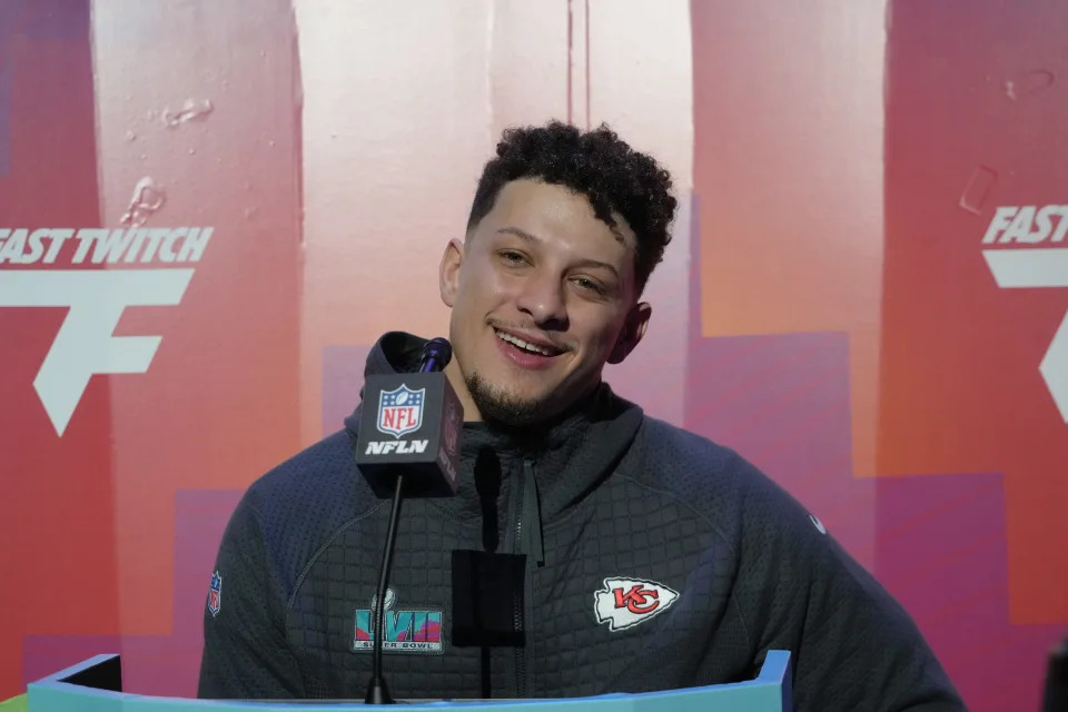 Feb 6, 2023; Phoenix, AZ, USA; Kansas City Chiefs quarterback Patrick Mahomes (15) speaks with media during Super Bowl Opening Night at Footprint Center. Mandatory Credit: Kirby Lee-USA TODAY Sports