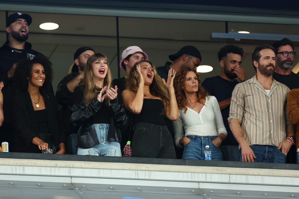 east rutherford, nj october 1 taylor swift and blake lively cheer from the stands during an nfl football game between the new york jets and the kansas city chiefs at metlife stadium on october 1, 2023 in east rutherford, new jersey photo by kevin sabitusgetty images