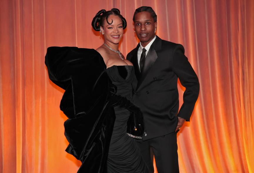 Rihanna and A$AP Rocky attending the 2023 Golden Globe Awards.