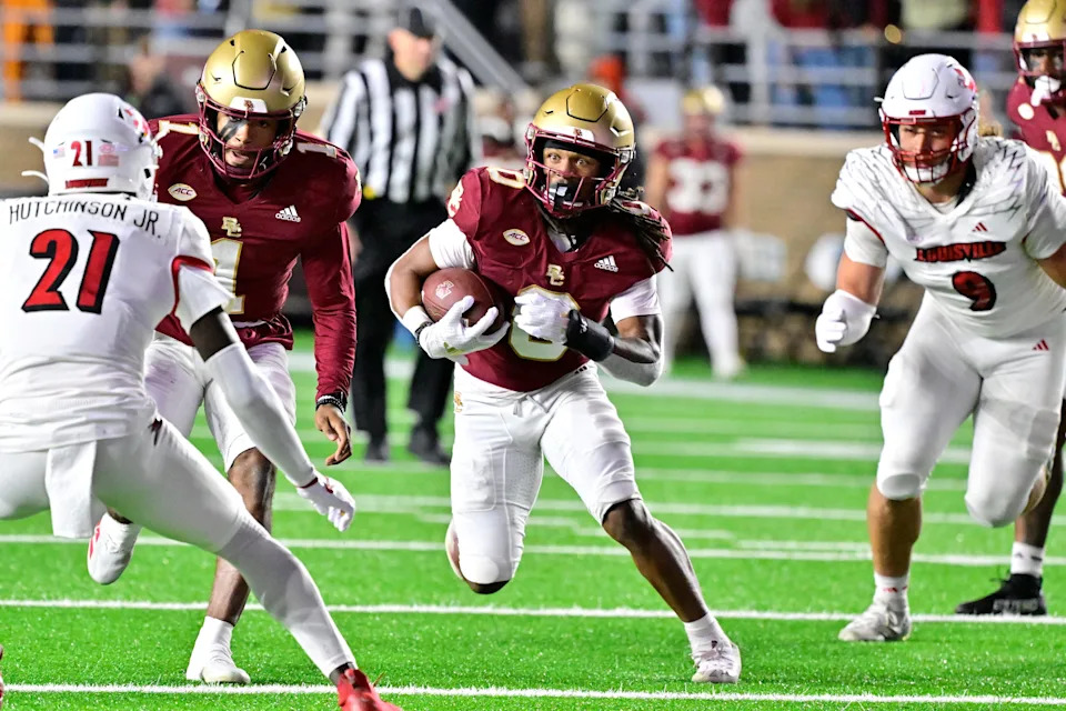 Oct 25, 2024; Chestnut Hill, Massachusetts, USA; Boston College Eagles running back Treshaun Ward (0) runs the ball against the Louisville Cardinals during the first half at Alumni Stadium. Mandatory Credit: Eric Canha-Imagn Images