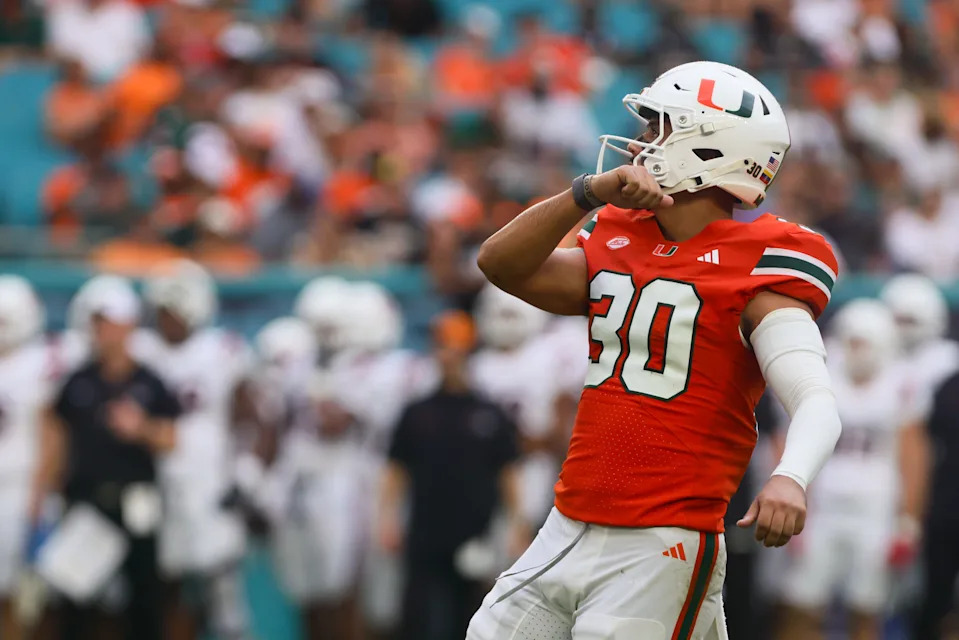 Sep 14, 2024; Miami Gardens, Florida, USA; Miami Hurricanes place kicker Andres Borregales (30) scores a field goal against the Ball State Cardinals during the first quarter at Hard Rock Stadium. Mandatory Credit: Sam Navarro-Imagn Images