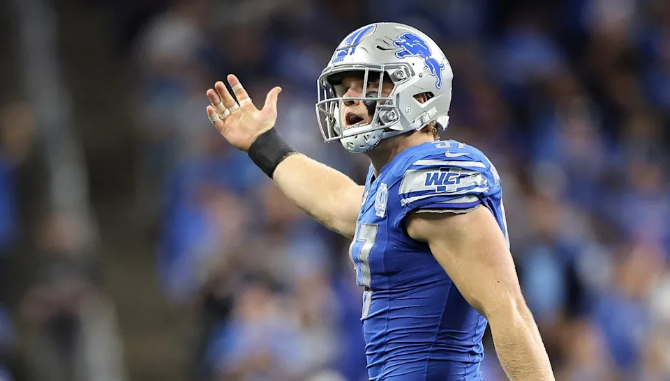 DETROIT, MICHIGAN - OCTOBER 08: Aidan Hutchinson #97 of the Detroit Lions celebrates after a sack during the second half against the Carolina Panthers at Ford Field on October 08, 2023 in Detroit, Michigan. (Photo by Rey Del Rio/Getty Images)