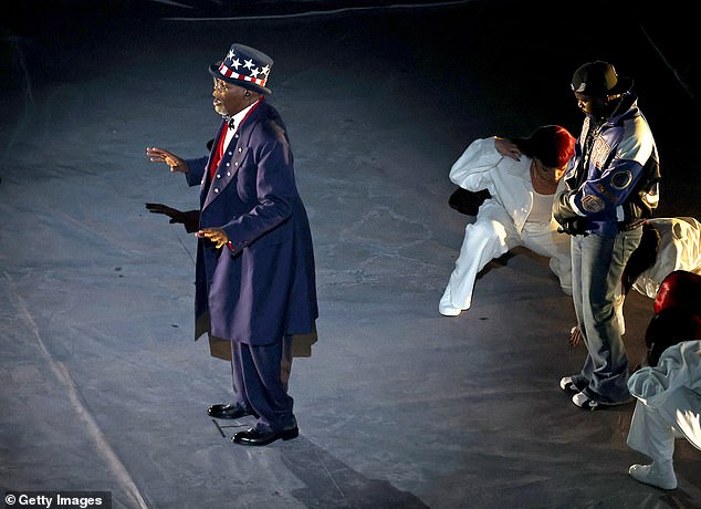 Samuel L. Jackson (left) seen onstage with Lamar (R) at the Super Bowl Halftime Show