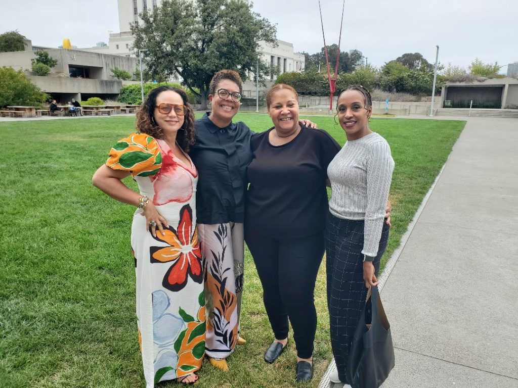 At the Oakland Museum of California, Amy Tharpe, Ayanna Reed, artist Meres-Sia Gabriel and Kenan Jones at the meet-and-greet after the “I Was There Too” multimedia production. Photo by Carla Thomas. 