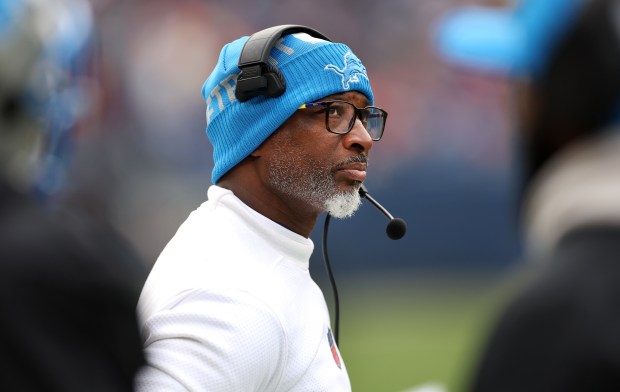 Lions defensive coordinator Aaron Glenn looks on from the sideline during a game against the Bears on Dec. 22, 2024, at Soldier Field. (Chris Sweda/Chicago Tribune)
