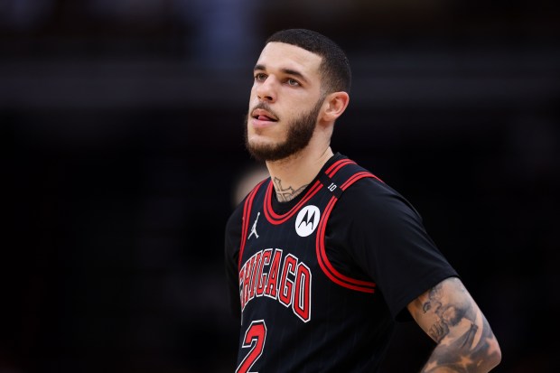 Bulls guard Lonzo Ball stands on the court during the first half against the Clippers at the United Center on Feb. 26, 2025. (Armando L. Sanchez/Chicago Tribune)