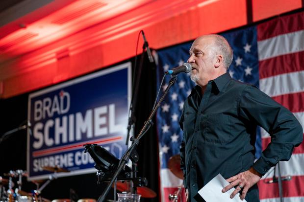 Wisconsin Supreme Court candidate Brad Schimel makes his concession speech to a crowd at his election night party Tuesday, April 1, 2025, in Pewaukee, Wis. (AP Photo/Andy Manis)