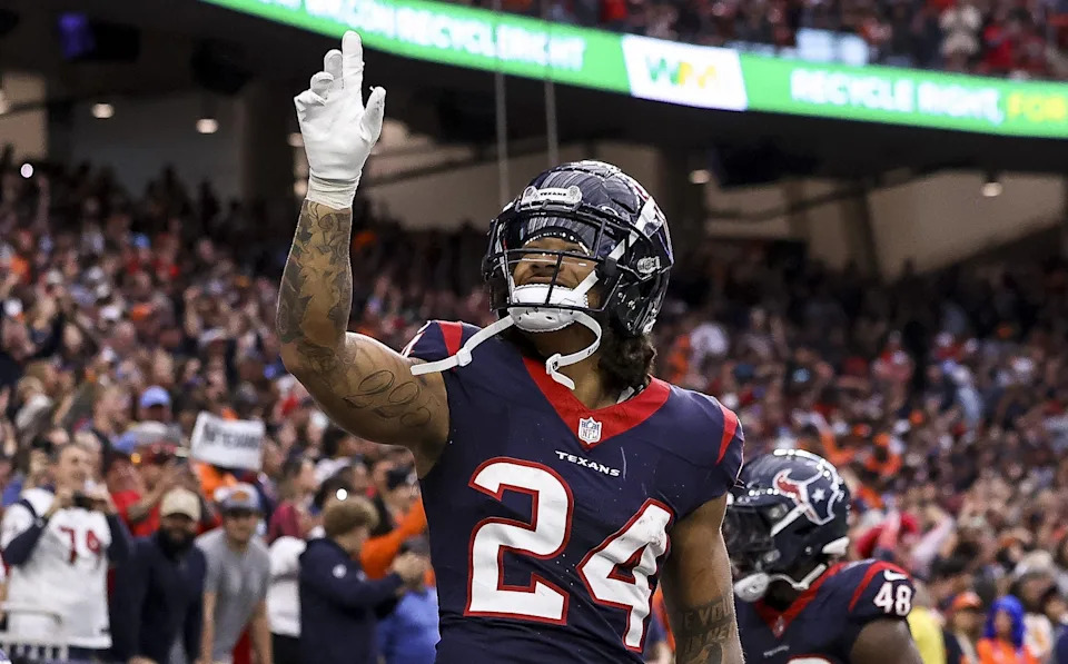 Dec 3, 2023; Houston, Texas, USA; Houston Texans cornerback Derek Stingley Jr. (24) reacts after a play during the fourth quarter against the Denver Broncos at NRG Stadium. Mandatory Credit: Troy Taormina-USA TODAY Sports