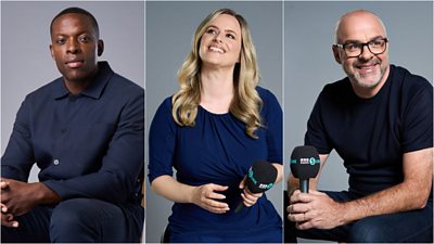 A collage image of Nedum Onuoha, Vicki Sparks and Ian Dennis holding BBC Radio 5 Live branded microphones