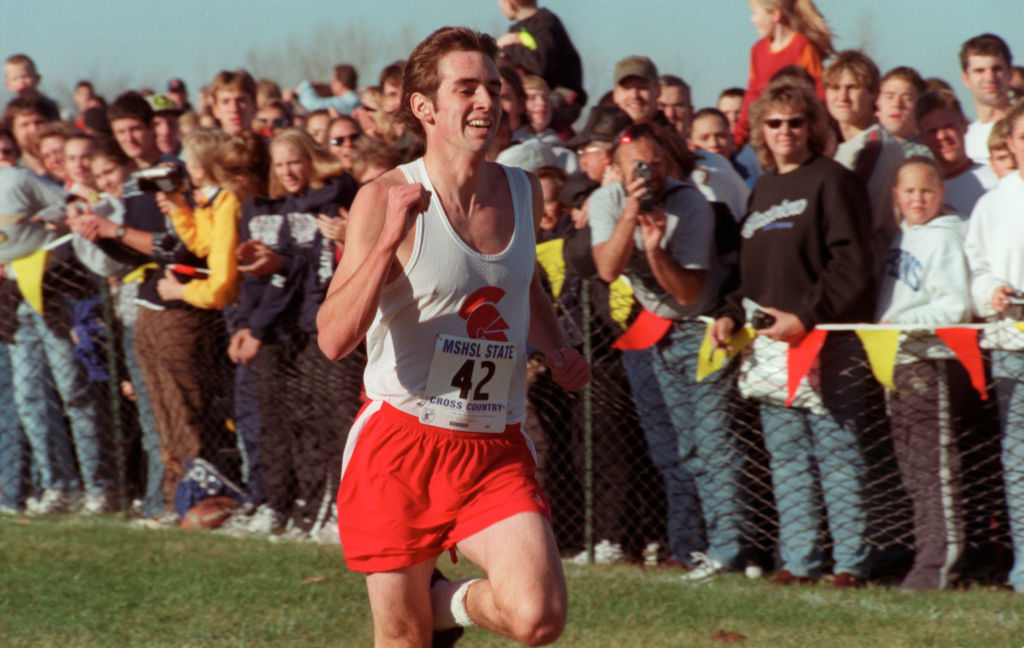 GENERAL INFORMATION: The Class AA State Cross Country meet at St. Olaf College in Northfield. IN THIS PHOTO: Northfield, Mn., Sat. Nov. 4, 2000--Nick Schneider of Benilde-St. Margaret wins the Boys√≠ State AA cross country meet at St. Olaf College in