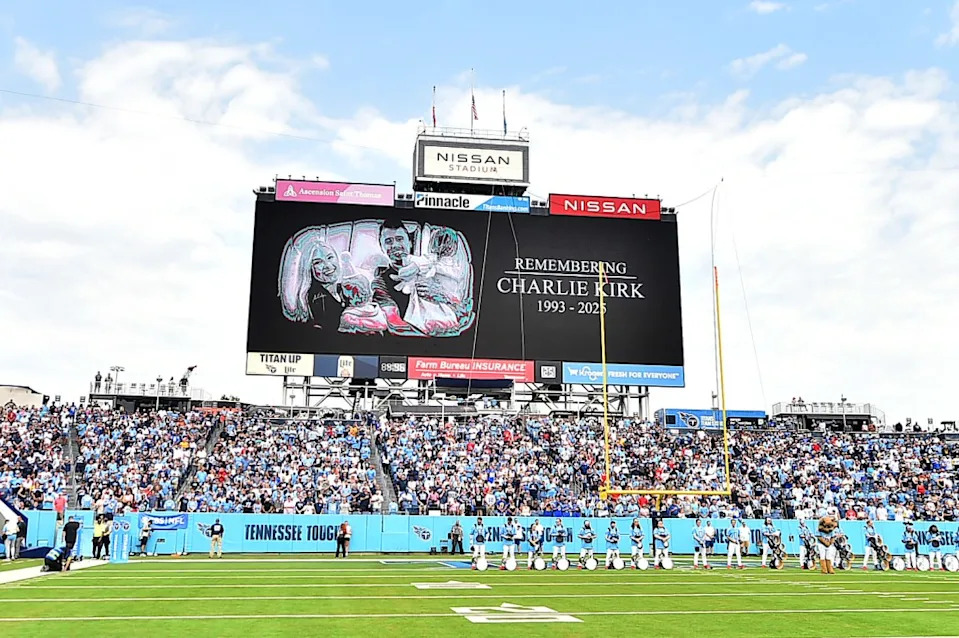 The Titans displayed an image of Charlie Kirk on their scoreboard Sept. 14. Getty Images