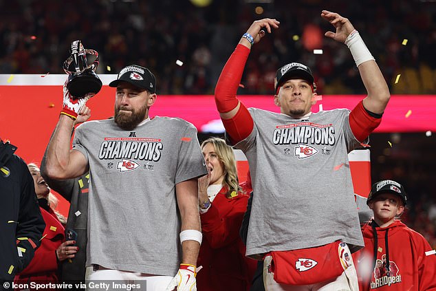 Kelce and Mahomes, seen after winning the AFC Championship, will look to avenge their loss in the Super Bowl