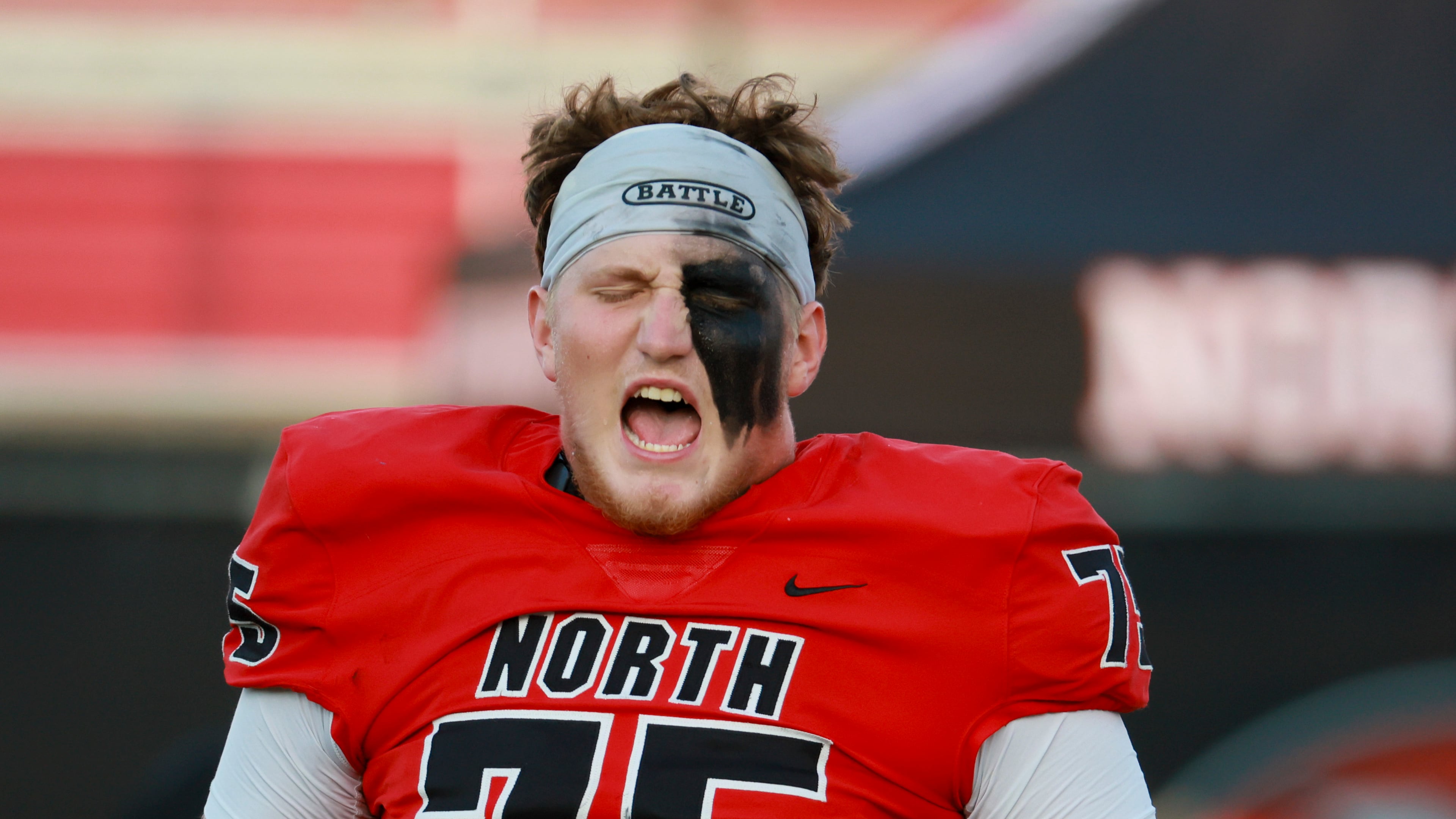 North Gwinnett offensive lineman Zachary Lewis gets psyched up for their game against Colquitt County at Tom Robinson Field at North Gwinnett High School on Friday, Aug. 29, 2025, in Suwanee. (Jason Getz/AJC)