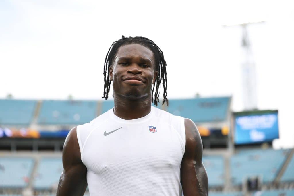 Travis Hunter #12 of the Jacksonville Jaguars