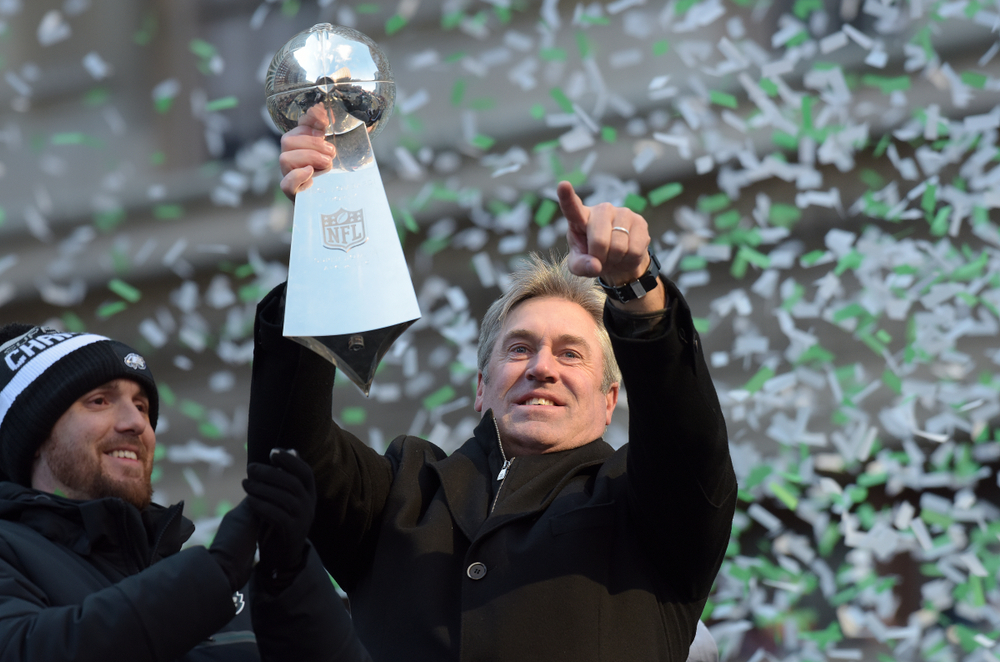 Philadelphia Eagles head coach Doug Pederson celebrates the Super Bowl LII win.