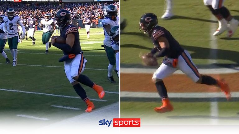 Chicago Bears' Justin Fields nearly scores one of the touchdowns of the season