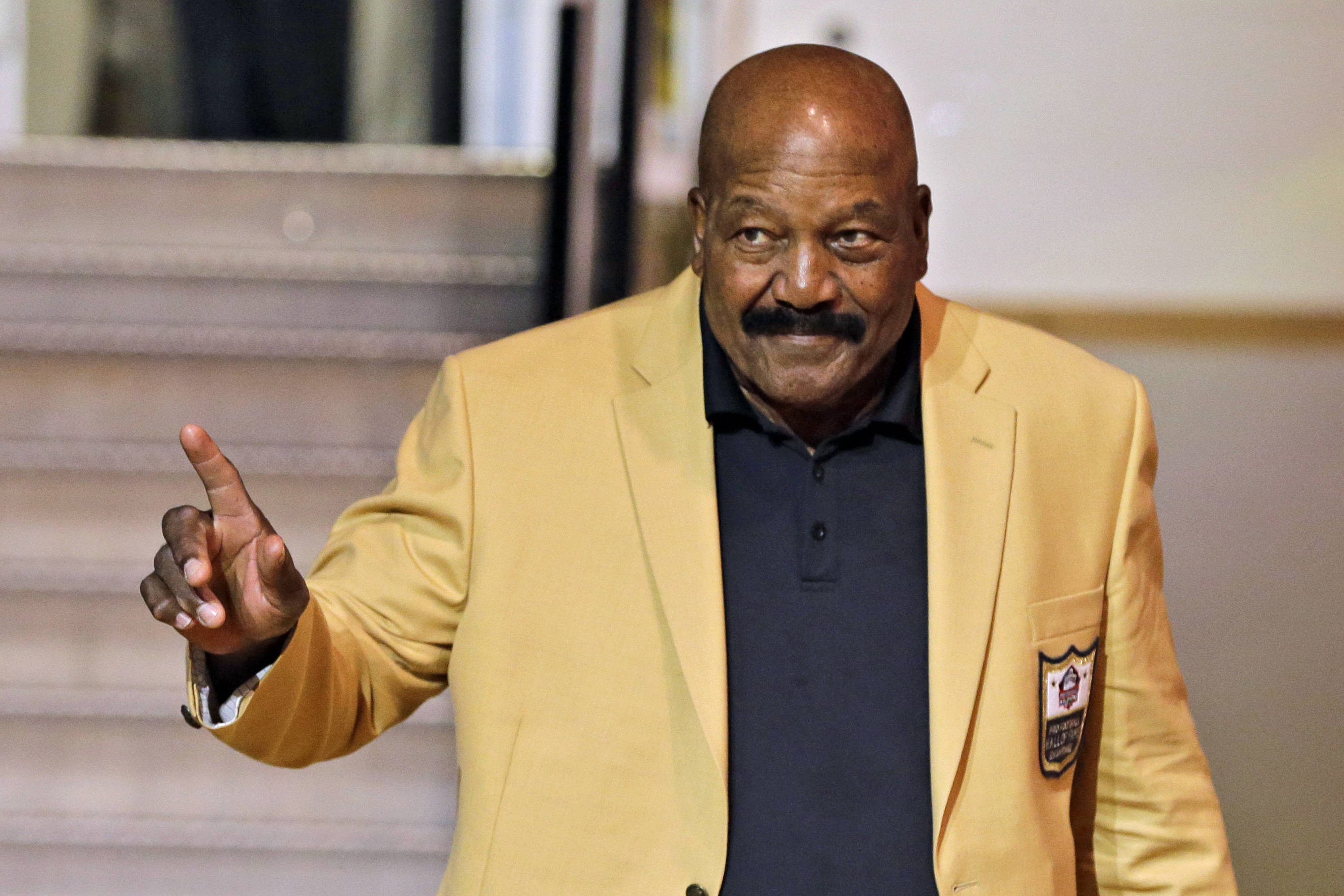 Jim Brown is introduced before the inaugural Pro Football Hall of Fame Fan Fest on May 2, 2014, in Cleveland.