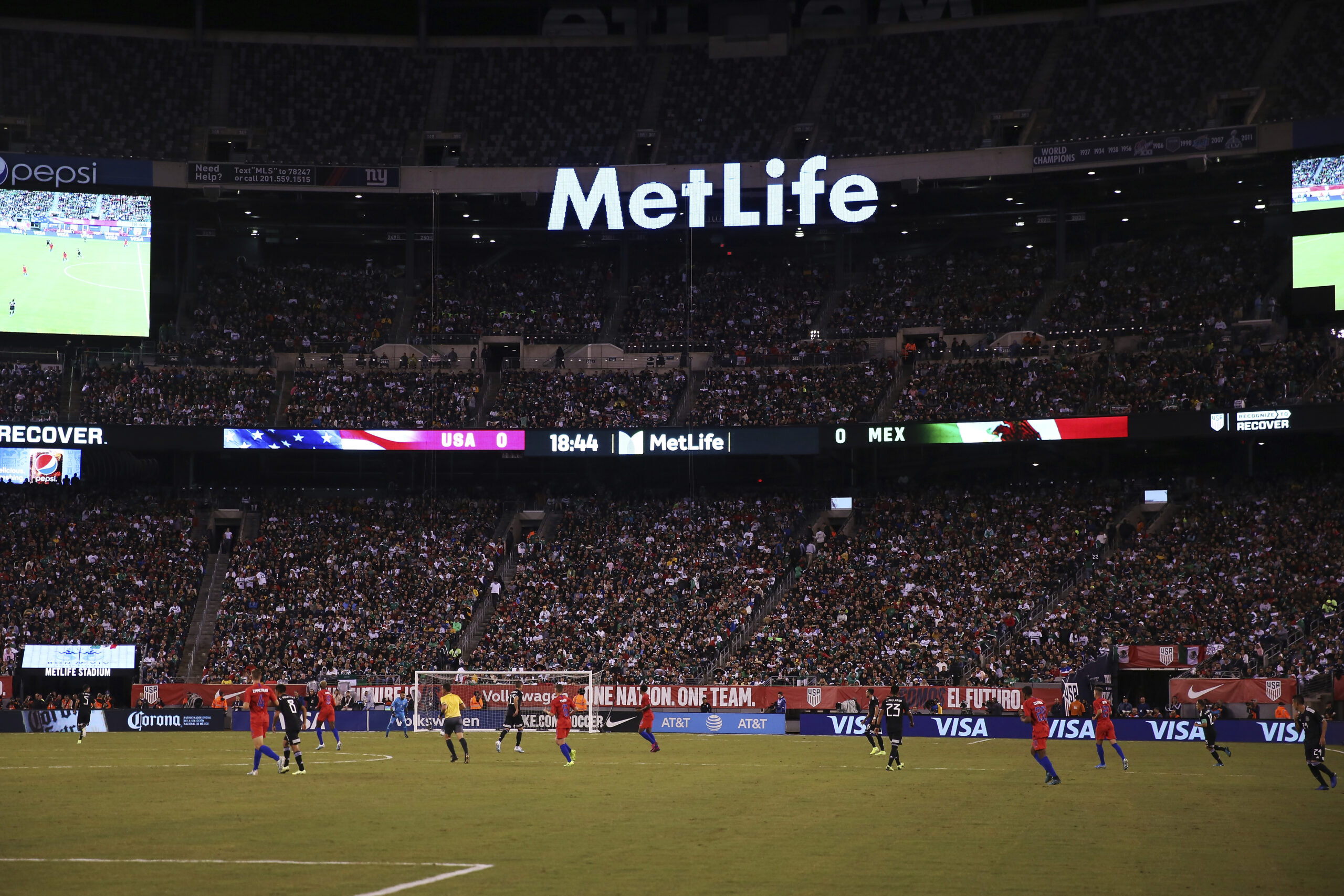 The United States and Mexico compete at MetLife Stadium in an international friendly soccer match in 2019 in East Rutherford, New Jersey. The stadium will be the host for the 2026 FIFA World Cup final, which was announced in February. (AP Photo/Steve Luciano)
