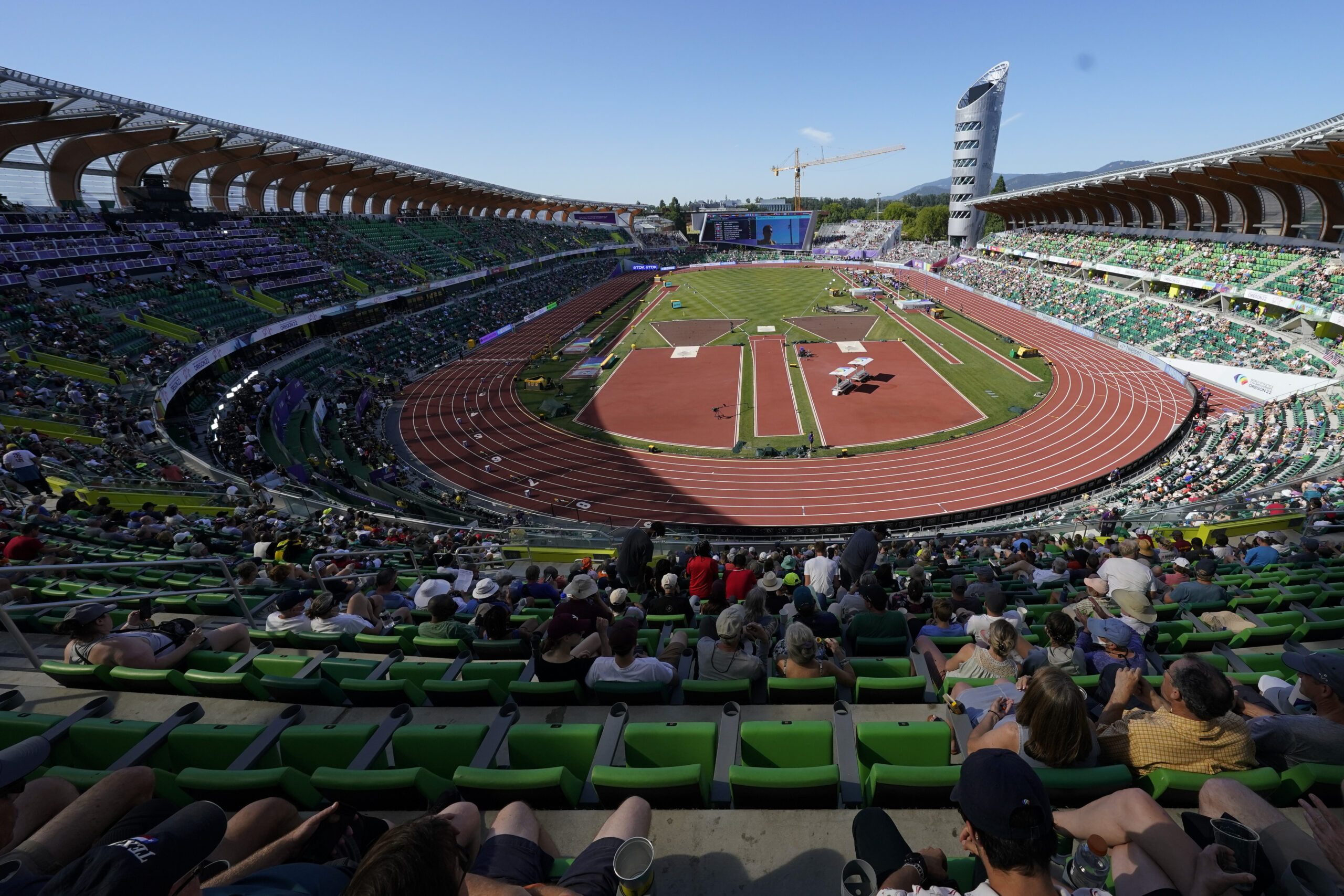 Fans watch during the World Athletics Championships on July 22, 2022, in Eugene, Oregon. The venue will host the upcoming U.S. Track & Field Olympic Trials. (AP Photo/Gregory Bull)