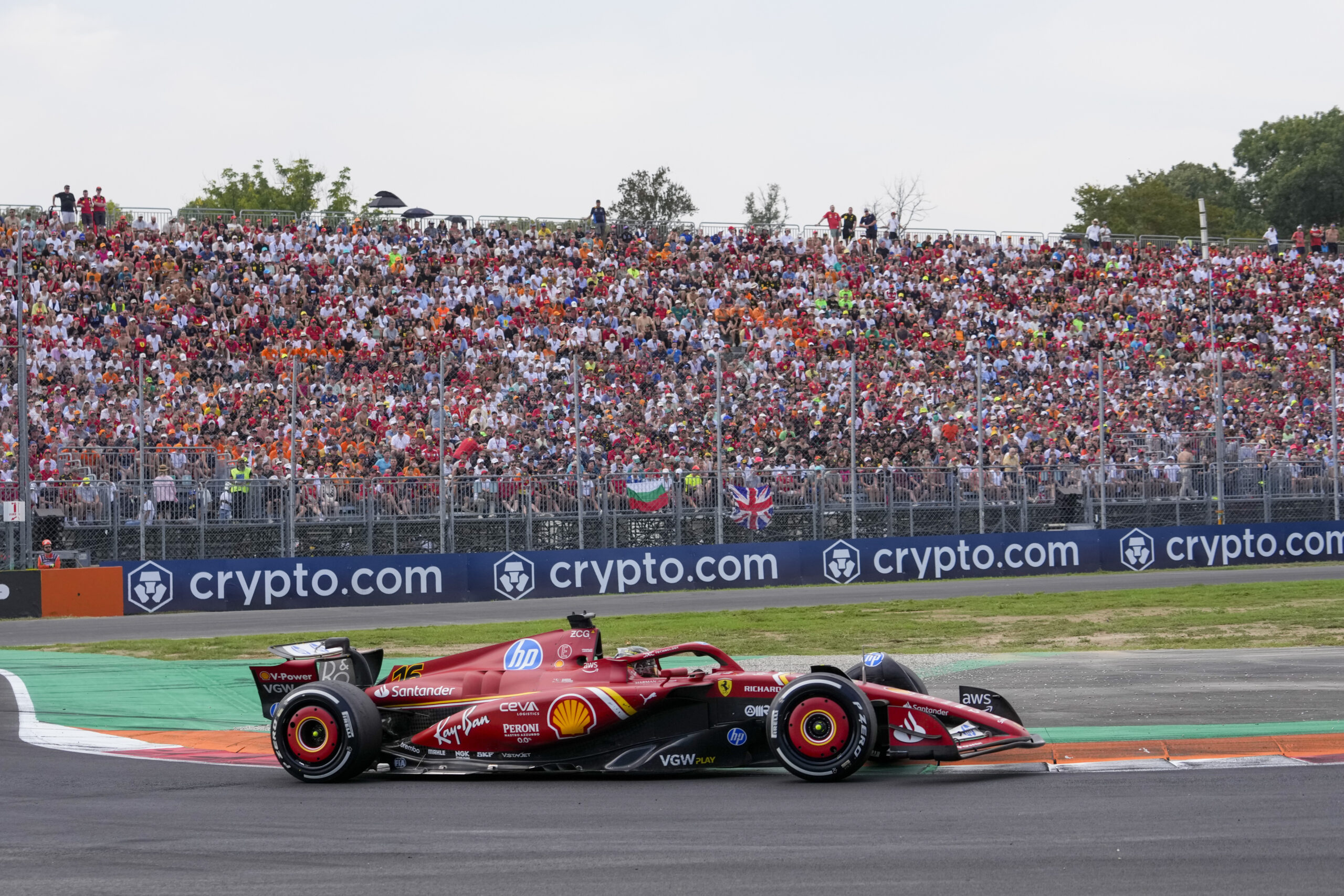 Ferrari driver Charles Leclerc steers his car during the Formula One Italian Grand Prix in Monza, Italy on September 1, 2024. (AP Photo/Luca Bruno)