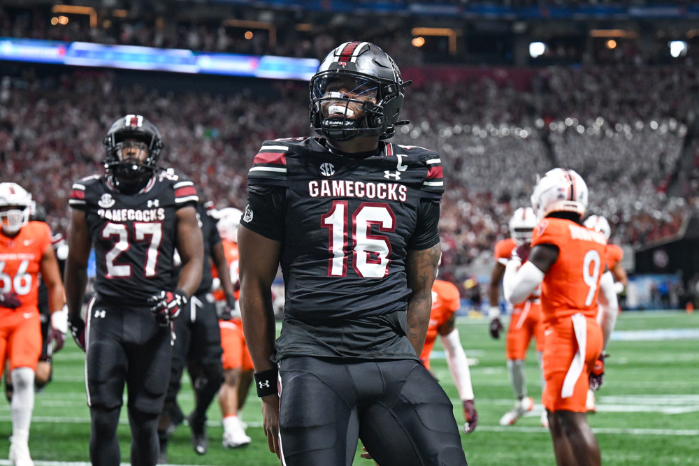 LaNorris Sellers celebrates after scoring a touchdown, another reason he's on the 2026 Dynasty Rookie Big Board.