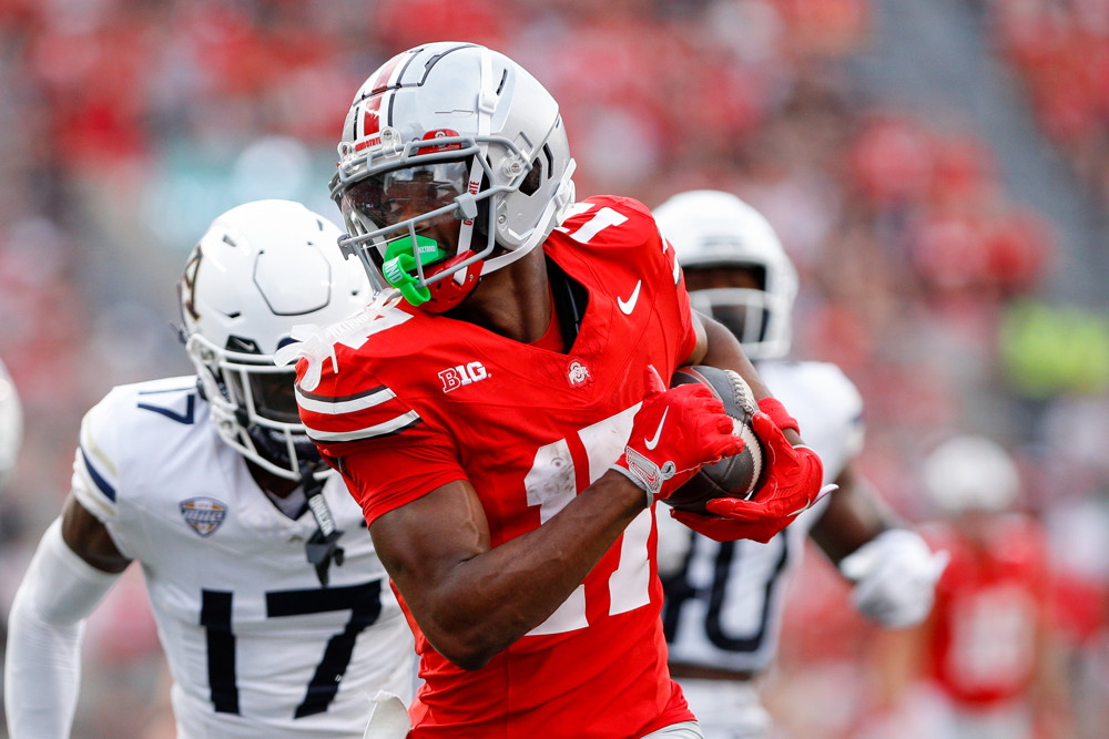 Carnell Tate OSU Wide Receiver runs in for a touchdown as a featured player in the 2026 Dynasty Rookie Big Board.