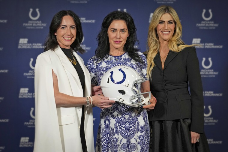 Indianapolis Colts owners, for left, Kalen Jackson, Carlie-Irsay Gordon and Casey Foyt at the team's training facility in Indianapolis on June 10, 2025. 