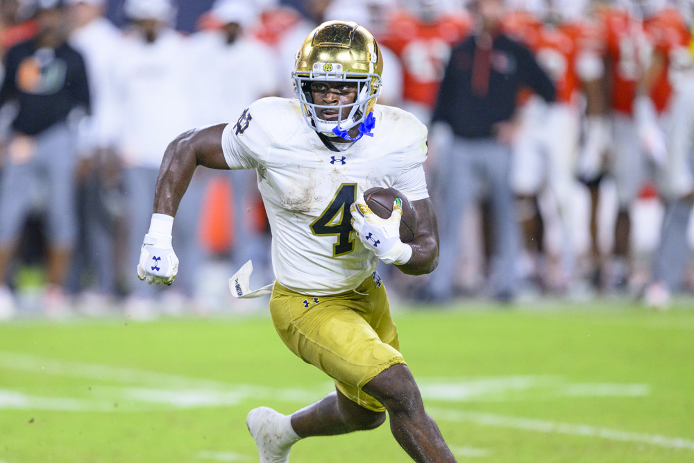 COLLEGE FOOTBALL: AUG 31 Notre Dame at Miami - Dynasty Nerds Jeremiyah Love RB Notre Dame looks to score for the 2026 Dynasty Rookie Big Board Rankings dynasty Fantasy Football rookies 2026 NFL Draft Prospects Update