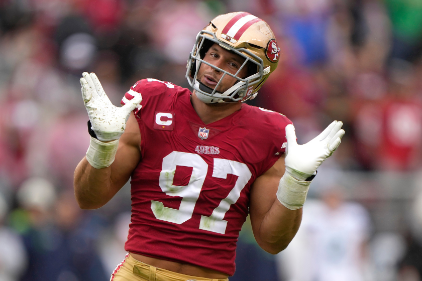 Nick Bosa #97 of the San Francisco 49ers reacts after sacking Geno Smith #7 of the Seattle Seahawks during the fourth quarter at Levi's Stadium 
