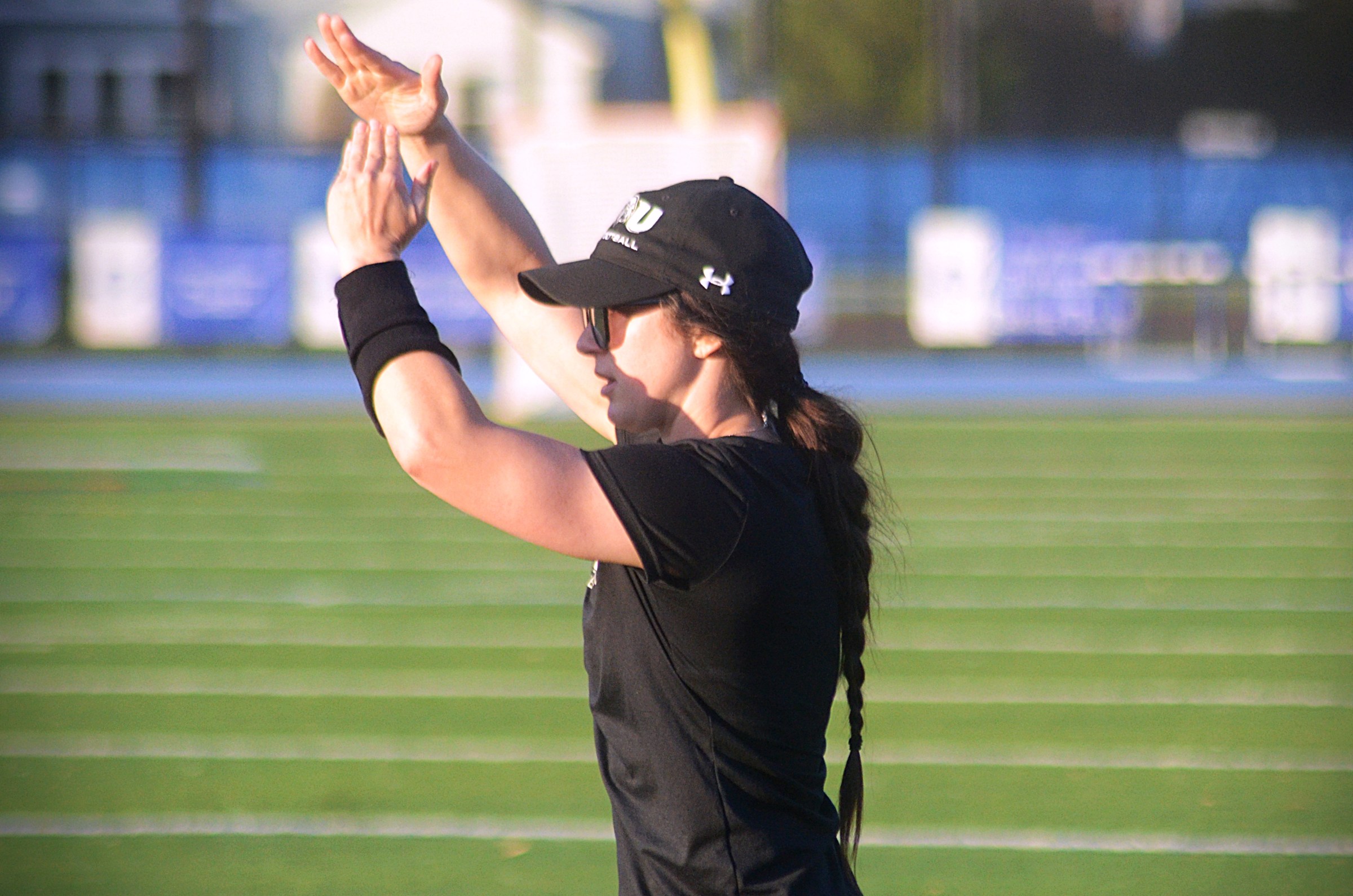 Eastern coach Amanda Ruller signals for a timeout during the Atlantic East Championship for women’s flag football on Saturday, April 26, 2025, in Arlington, Va.