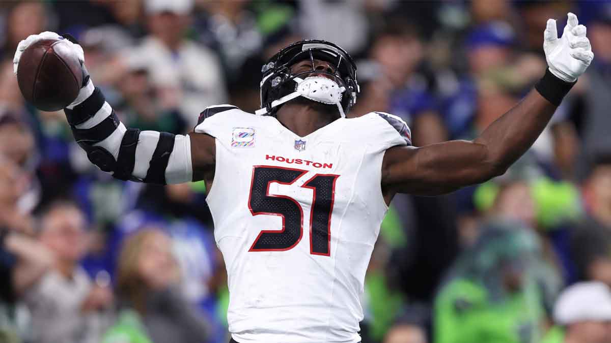 Houston Texans defensive end Will Anderson Jr. (51) celebrates a fumble recovery in the end zone for a touchdown during the third quarter against the Seattle Seahawks at Lumen Field.