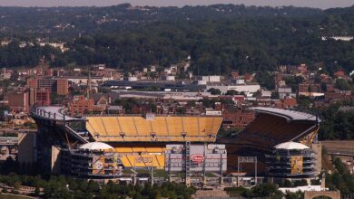 Archival full-frame photograph of Acrisure Stadium, then called Heinz Field, viewed from Mount Washington in 2014