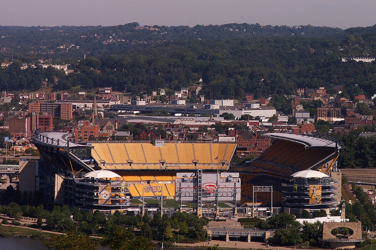 Archival full-frame photograph of Acrisure Stadium, then called Heinz Field, viewed from Mount Washington in 2014