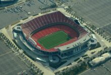 Archival full-frame aerial photograph of Arrowhead Stadium in Kansas City, Missouri, in 2013