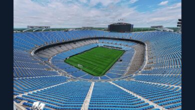 Archival full-frame aerial photograph of Bank of America Stadium in Charlotte in 2025