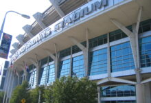 Archival full frame photograph of the Cleveland Browns Stadium facade in downtown Cleveland