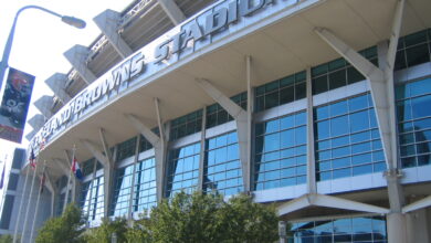 Archival full frame photograph of the Cleveland Browns Stadium facade in downtown Cleveland