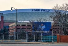 Archival full-frame exterior photograph of Ford Field in downtown Detroit in January 2023