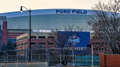 Archival full-frame exterior photograph of Ford Field in downtown Detroit in January 2023