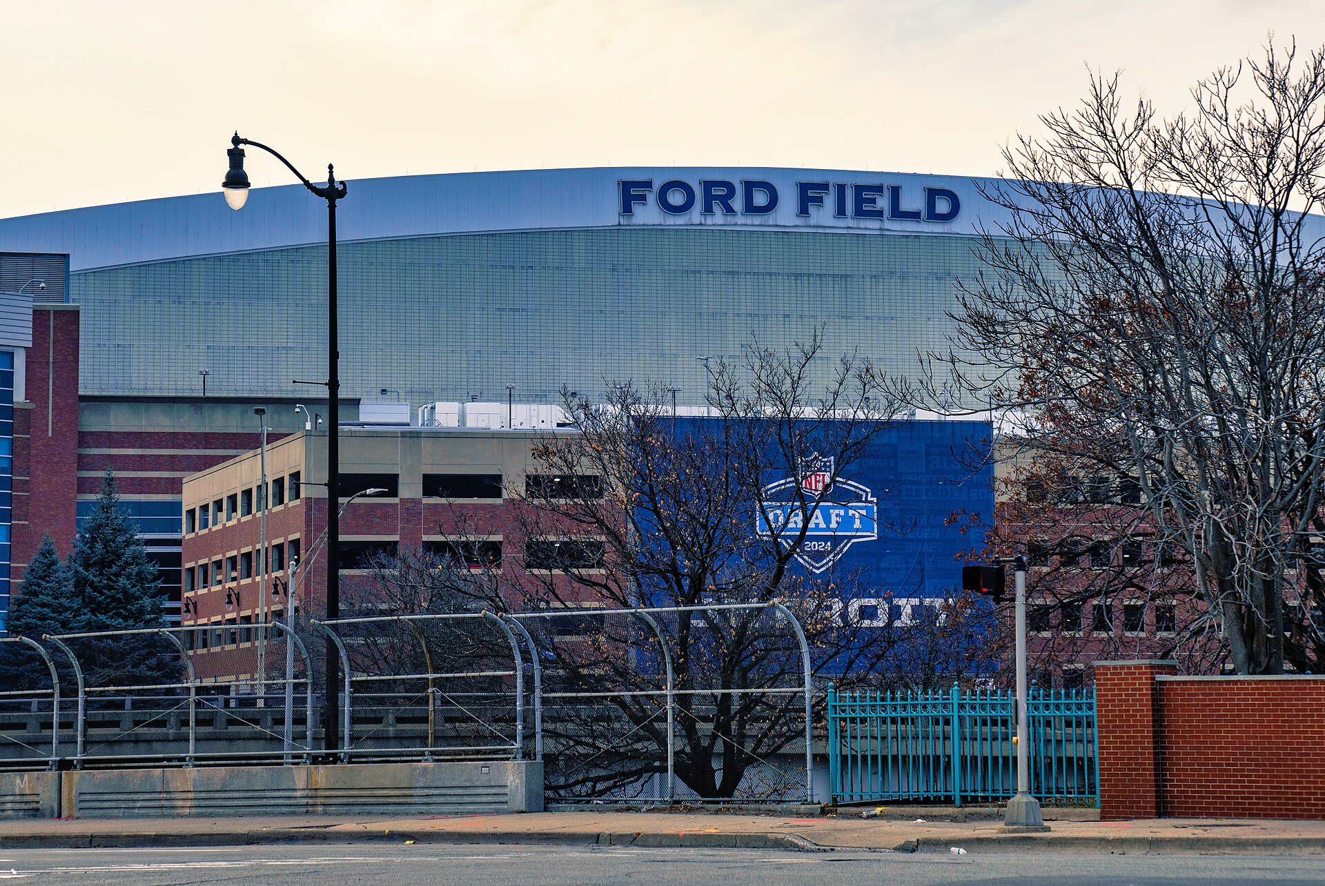 Archival full-frame exterior photograph of Ford Field in downtown Detroit in January 2023