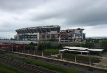 Archival full-frame exterior photograph of Huntington Bank Field in Cleveland in 2018